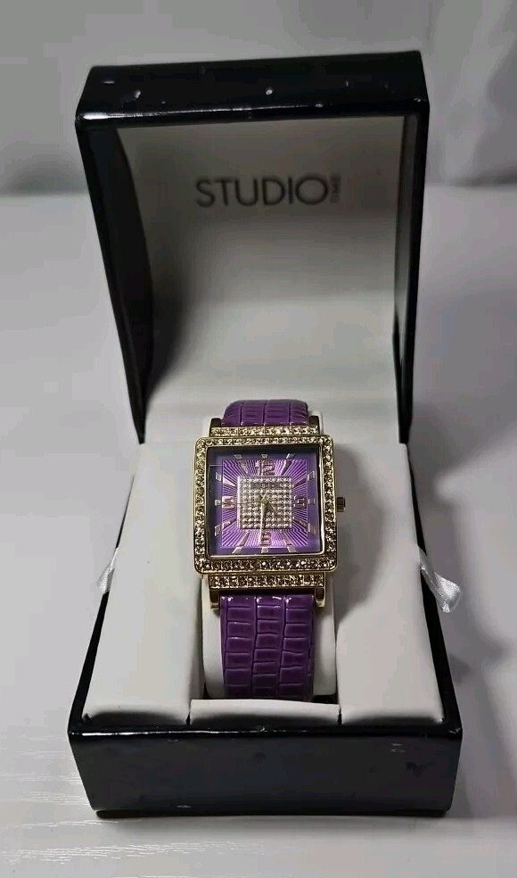 Studio Time Women’s Gold Tone Watch Jeweled Purple STD3188W 415 New Battery
