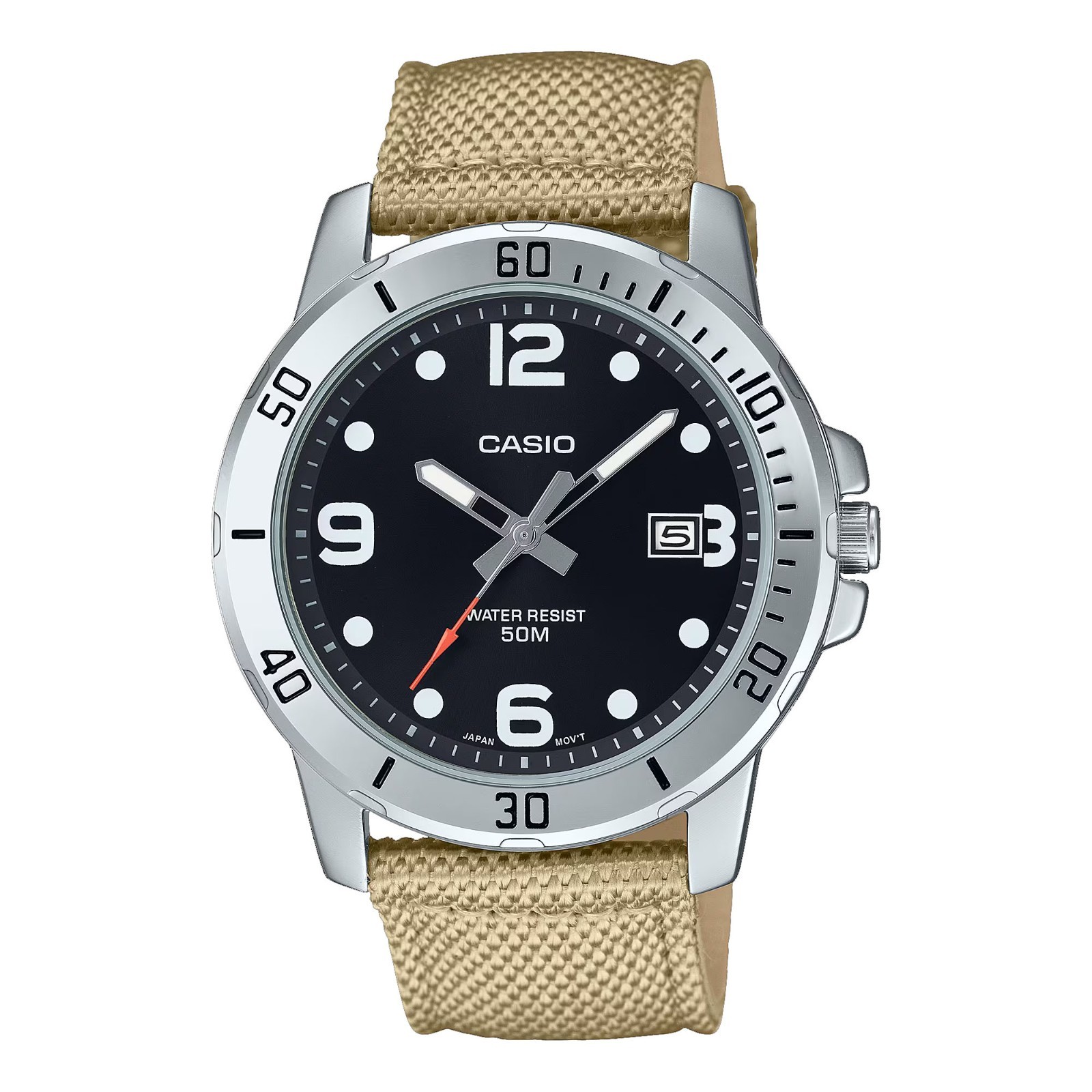 Casio MTP-VD01C-5BV Men’s Enticer Tan Fabric Band Black Dial 50M WR Sports Watch
