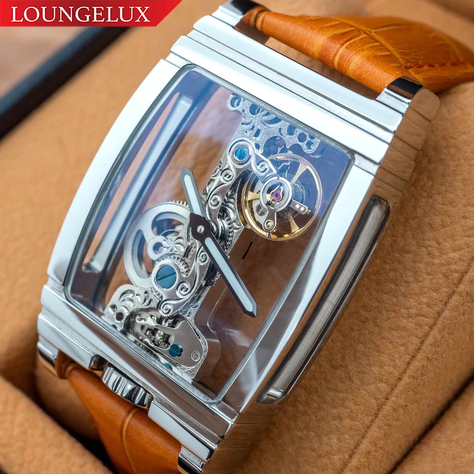 Mens Silver Bridge Manual Mechanical Watch – Orange Leather DIASTERIA 1688