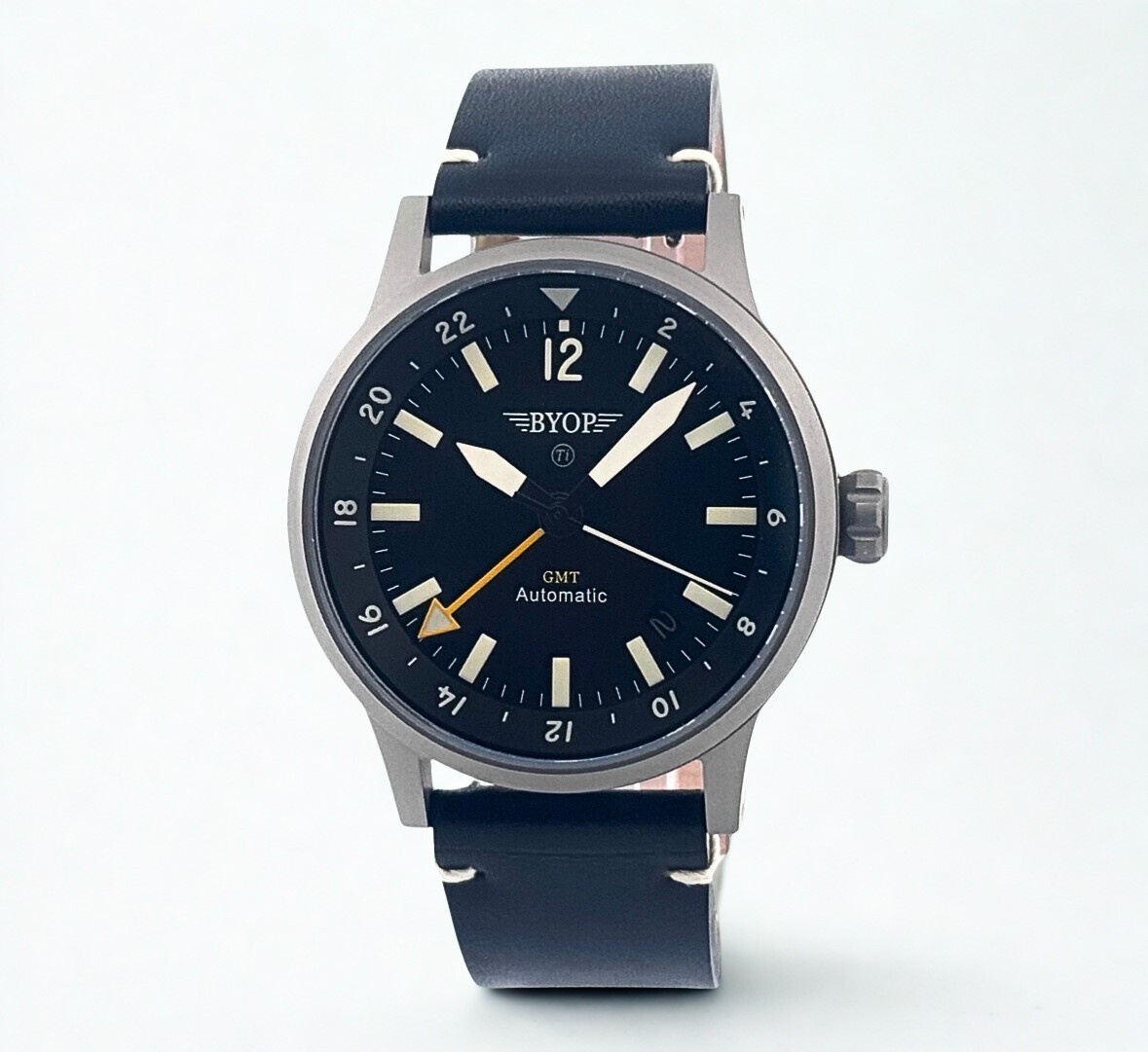 BYOP Meridian Titanium GMT (yellow) Pilot Watch Seiko Automatic Sapphire C3 Lume