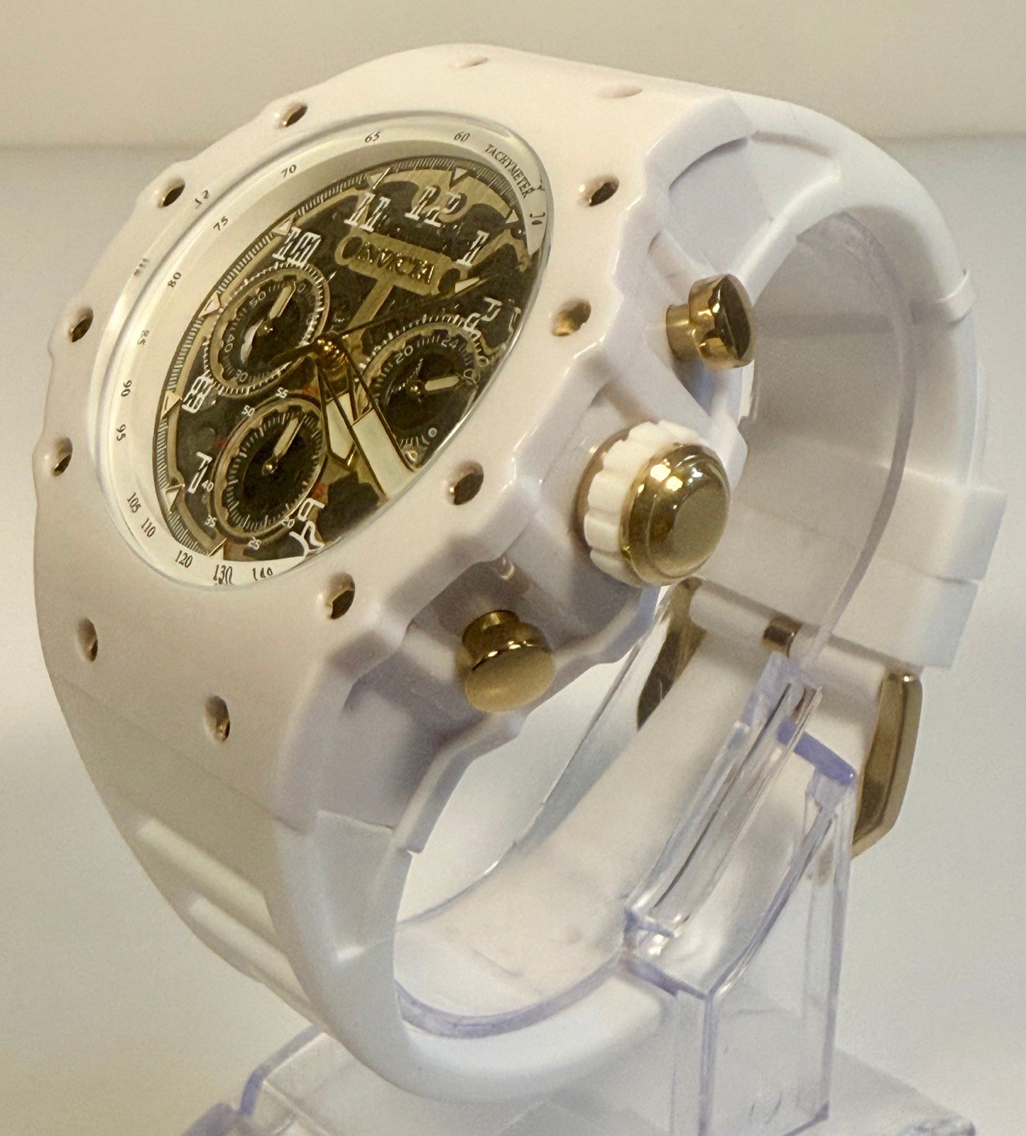 Invicta Men’s Racing 43.5mm Quartz Watch IN-69649 Gold Dial White Silicone Strap