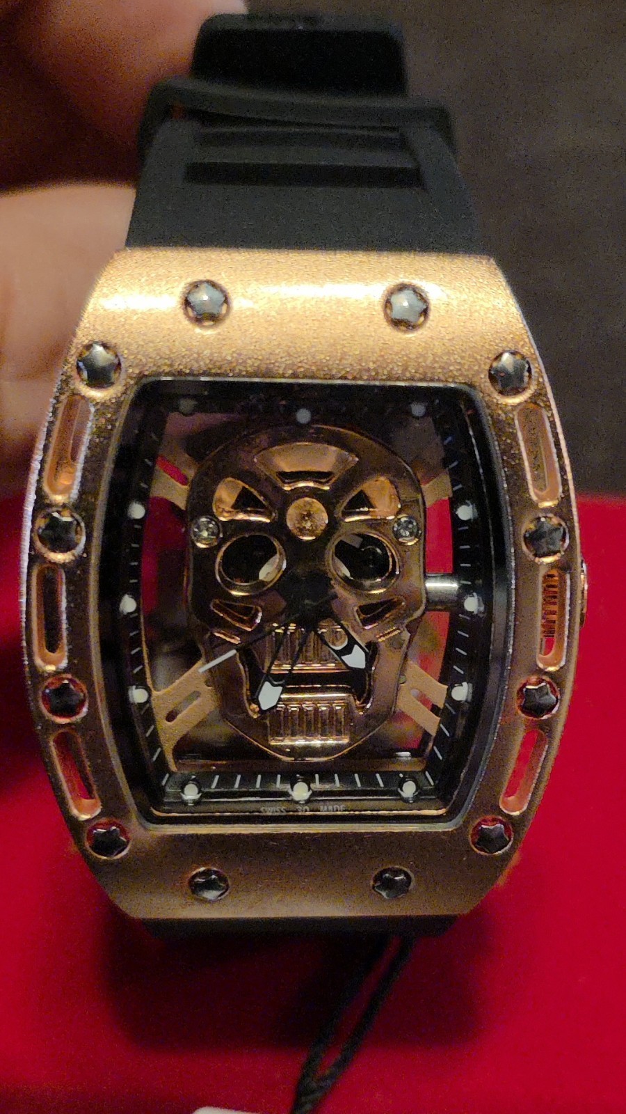 Skull Skeleton Dial envisioned by Tonneau GoldTone Case Black Rubber Strap w Box