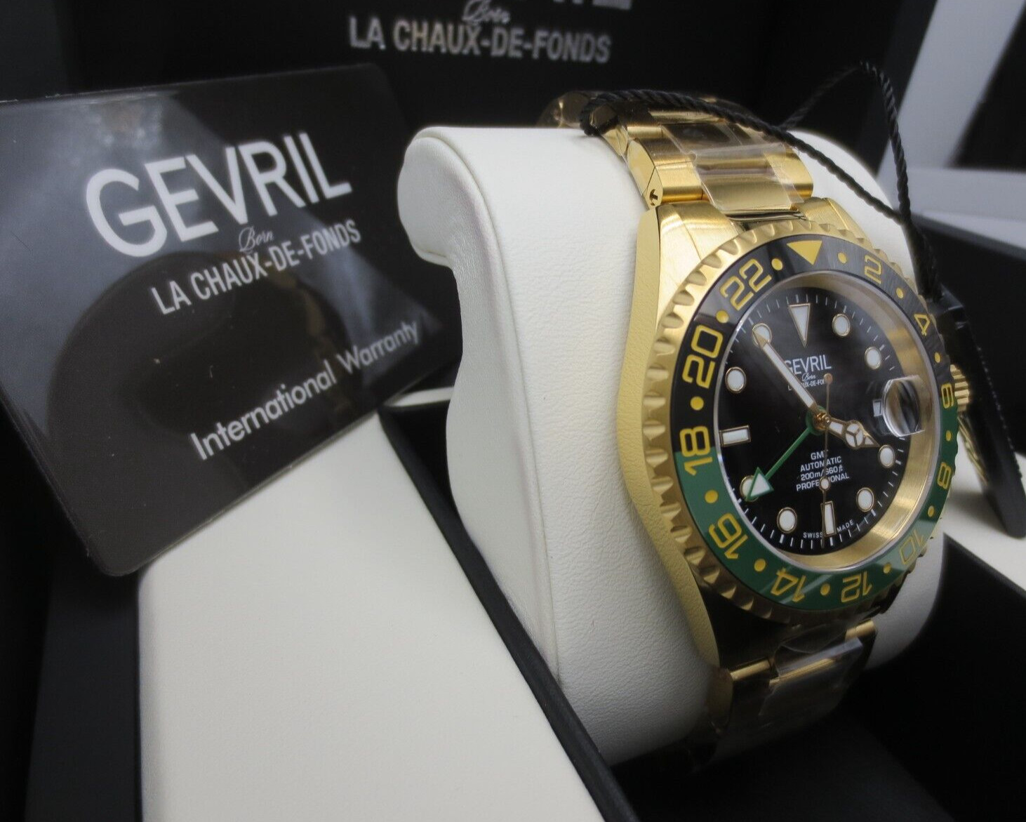 Gevril Mens 4956A Wall Street Ceramic Bezel Date Swiss Automatic GMT SW330 Watch