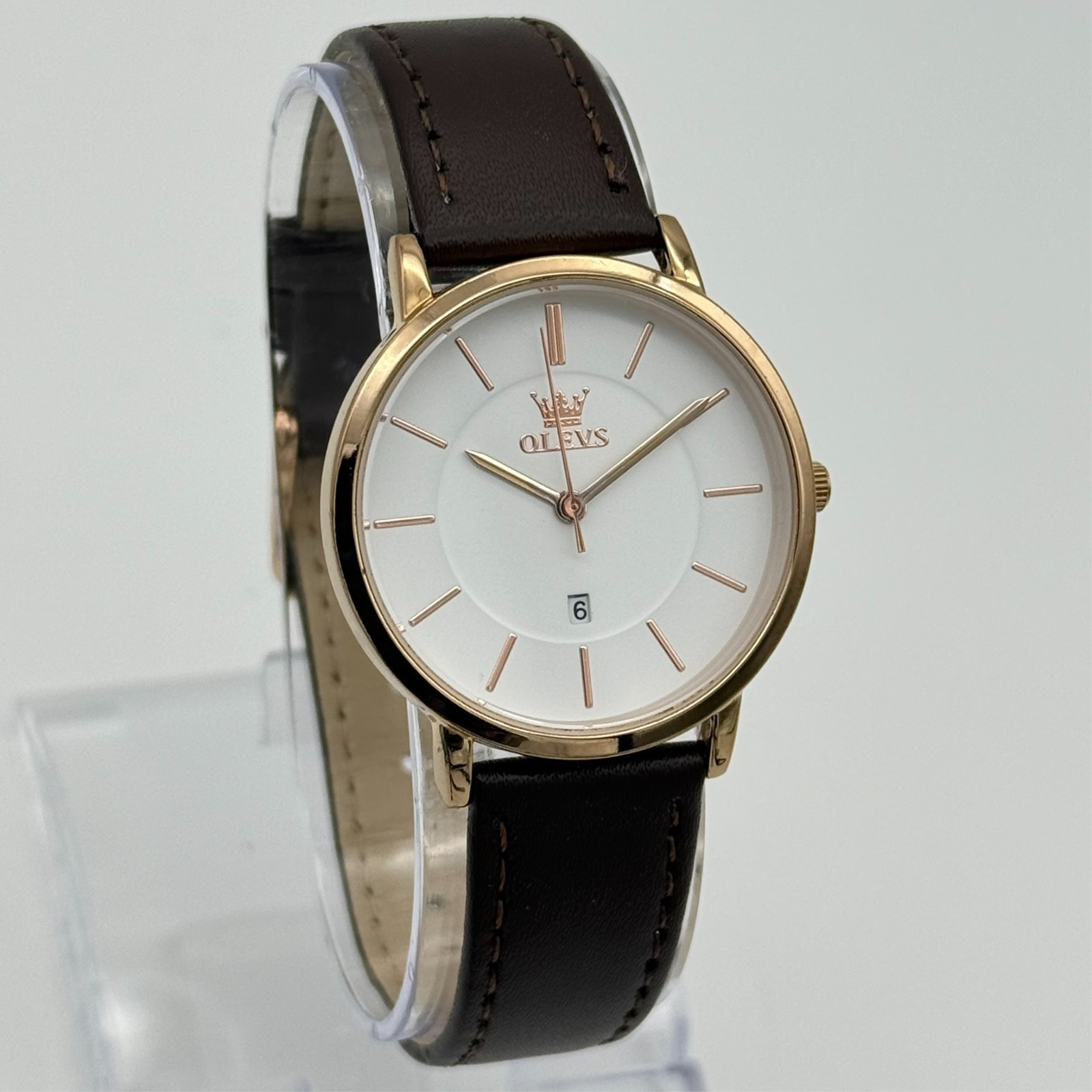 Women’s OLEVS Gold Tone 33mm Classic White Dial Watch, Brown Leather, Date 5869