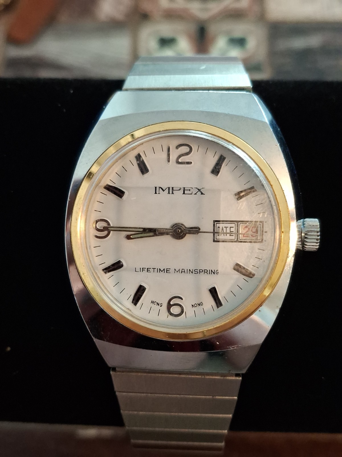 Impex Mens Mechanical Watch. Lifetime Mainspring, Date, Stretch Bracelet Band.