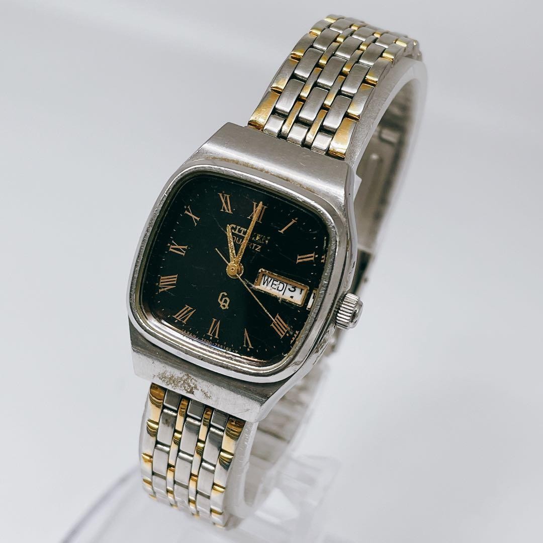 Citizen Quartz Day-Date Two-Tone Black Wristwatch Japan Working 071772