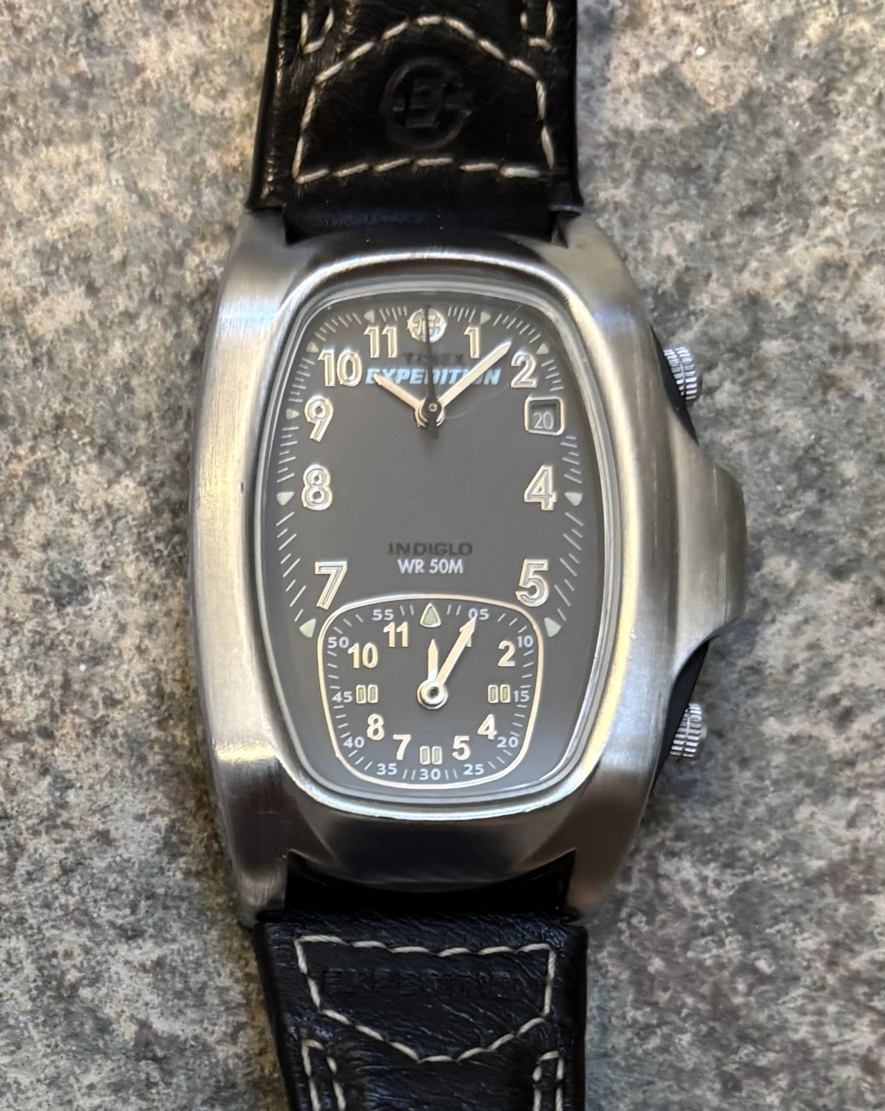 Vintage Timex Expedition Indiglo Dual Zone Quartz Watch Leather Strap WR50 BLACK