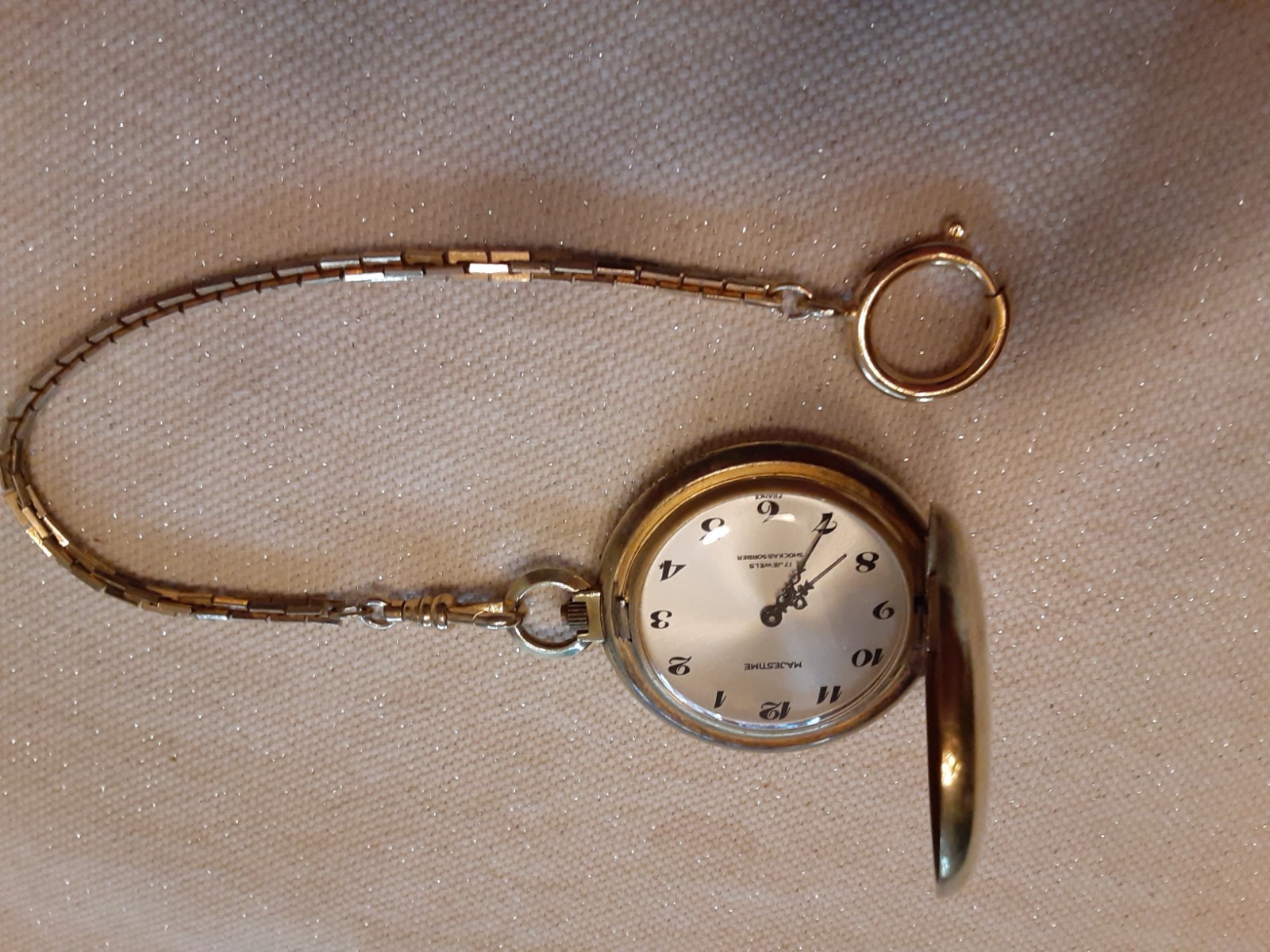 Majestime Pocket Watch 17 Jewels Shock Absorber France Gold Tone W/chain