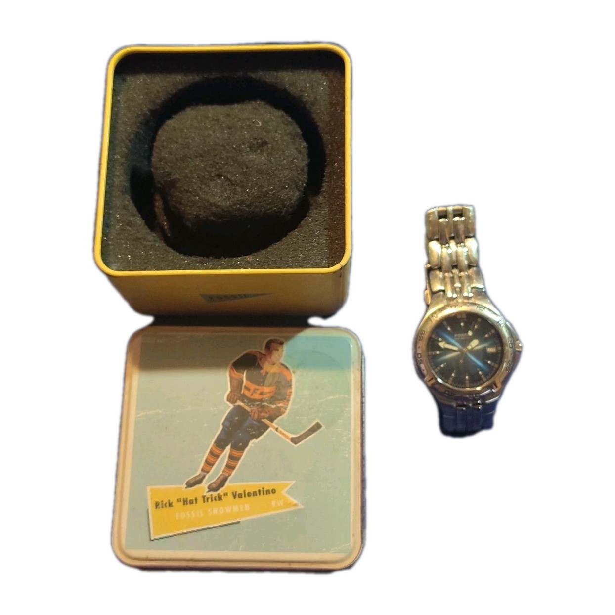 Vintage Fossil Steel Cobalt Blue Snowmen Wrist Watch PR 5196 W/ Original Tin HTF