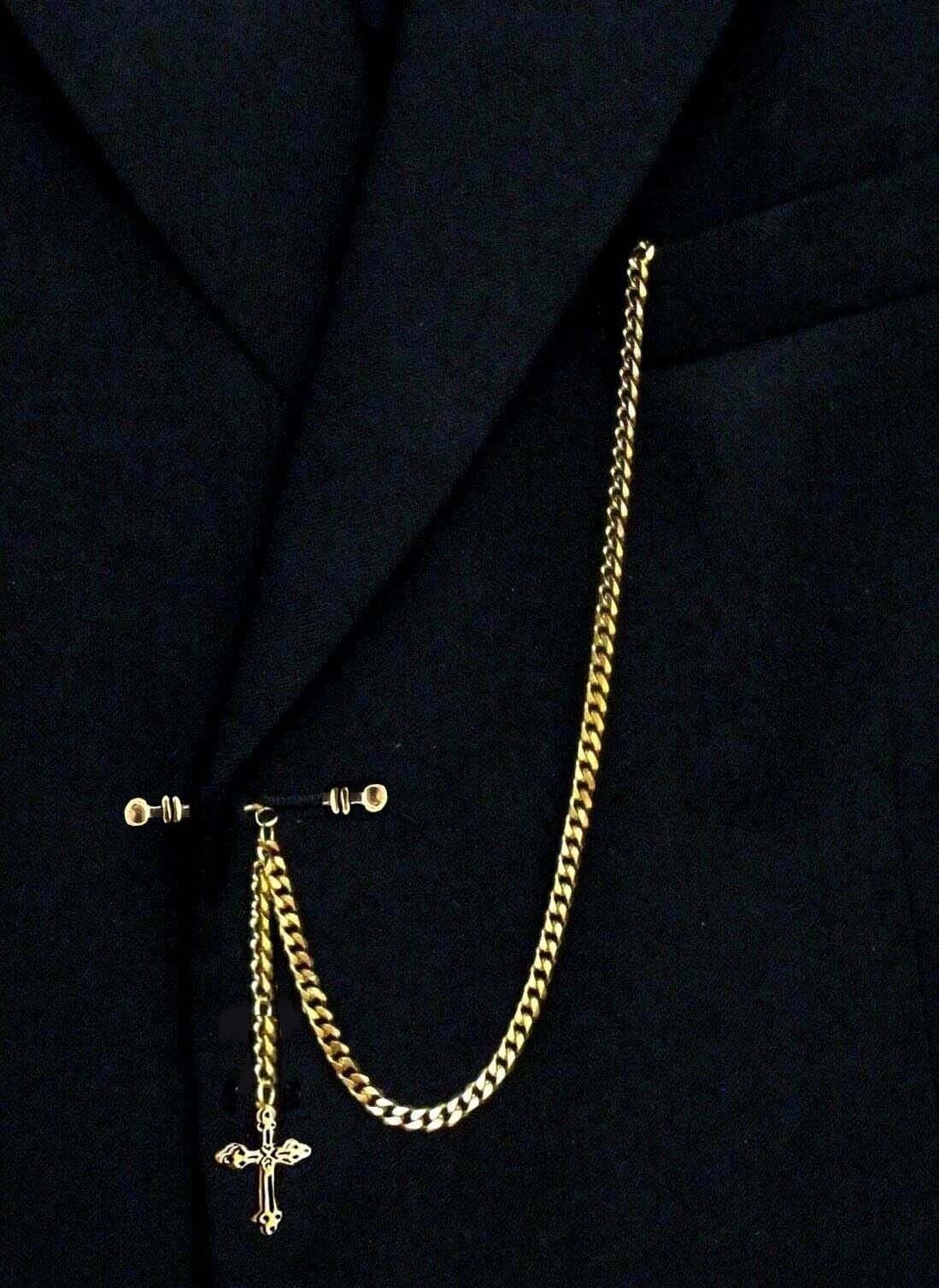 Gold Plated 12″ Inches Long Pocket Watch Chain With Ornate Cross Fob