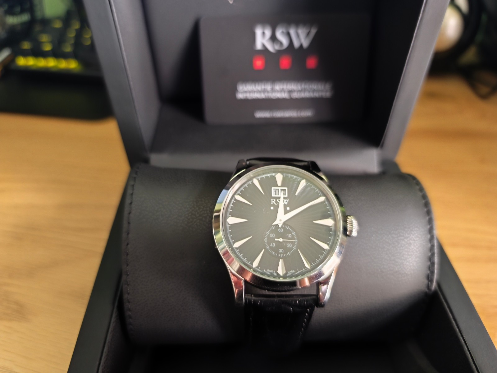 RSW Retrograde Date Swiss Made 44mm Black Dial Quartz Mens Watch Leather Butterf