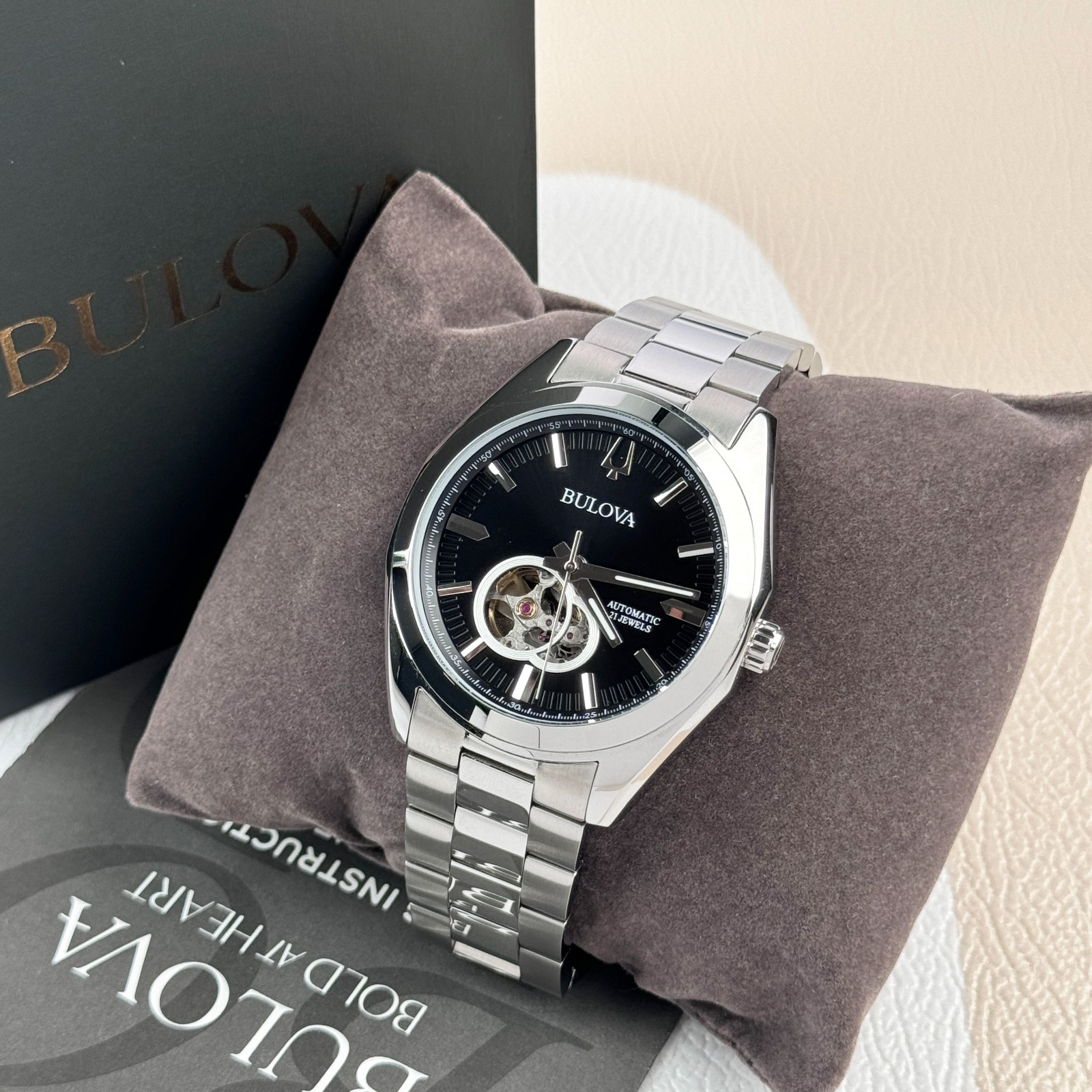 Bulova Men’s Classic Surveyor Black Dial Stainless Steel Automatic Watch 96A270
