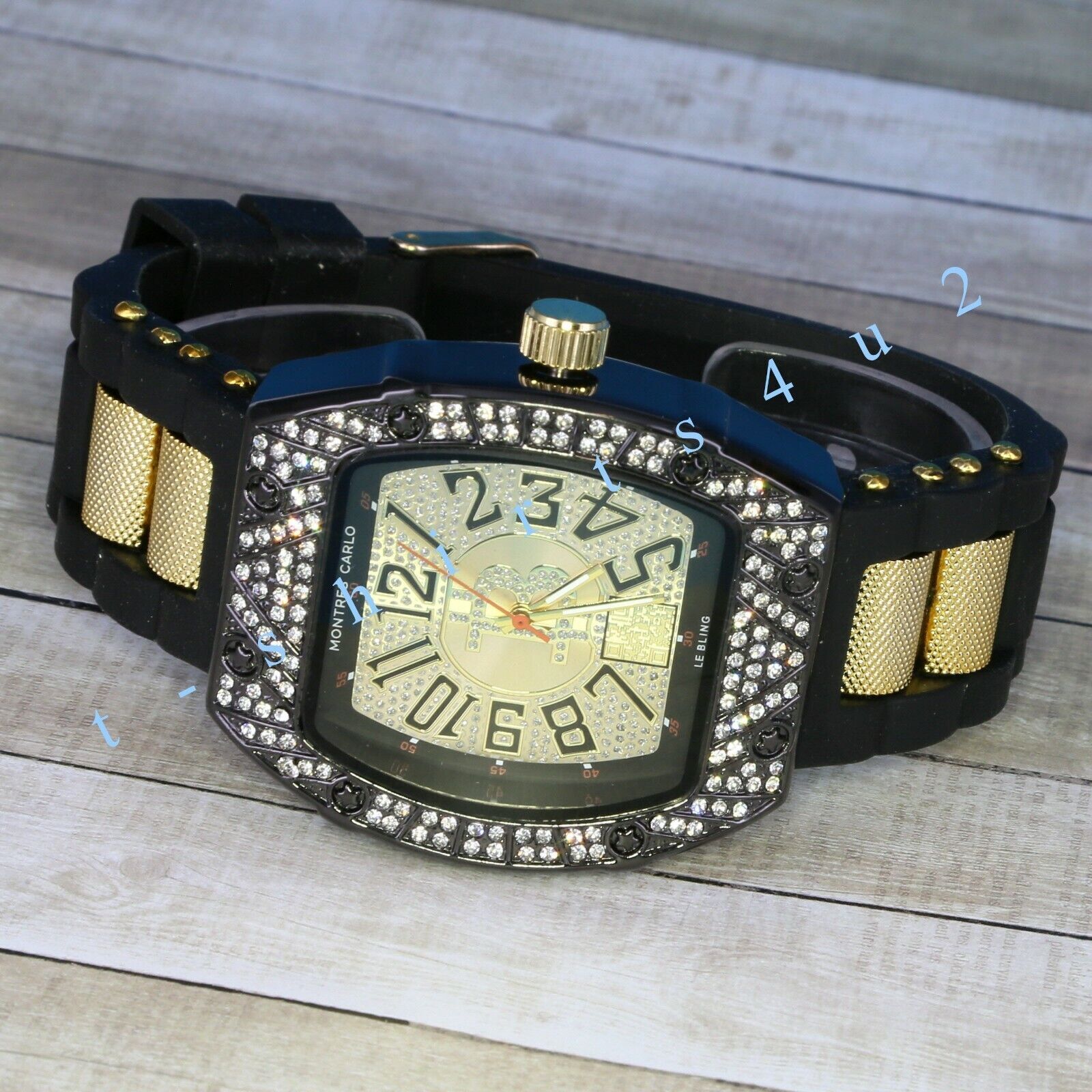 Men’s Iced CZ Crystals Luxury Bezel Silicone Band Gun P Montres Carlos Watch