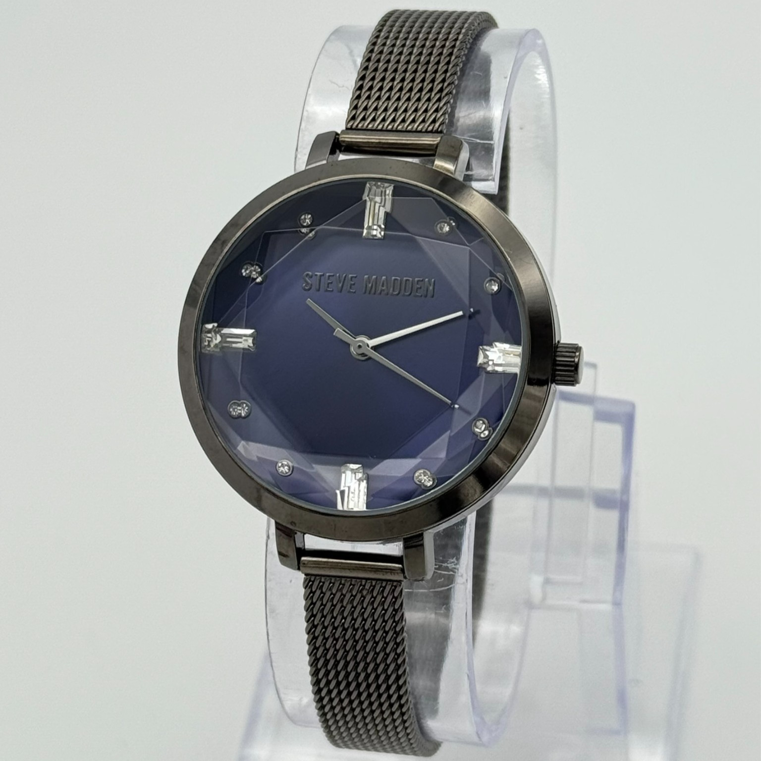 Women’s STEVE MADDEN Dark Gray, Blue Dial, Facetted Crystal Watch, Mesh Band