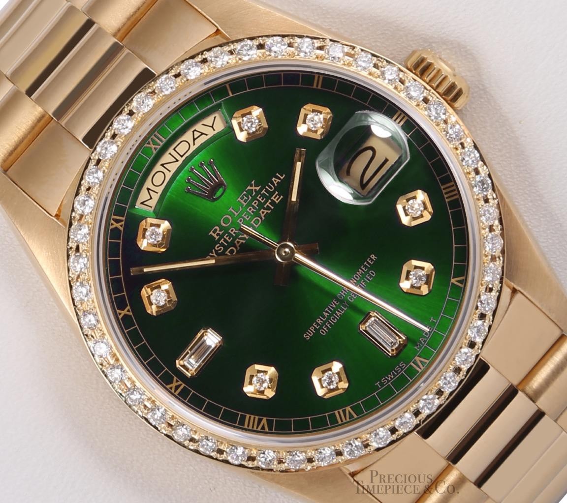 Rolex Day-Date 36mm 18238 President Yellow Gold Diamond Bezel Green Diamond Dial