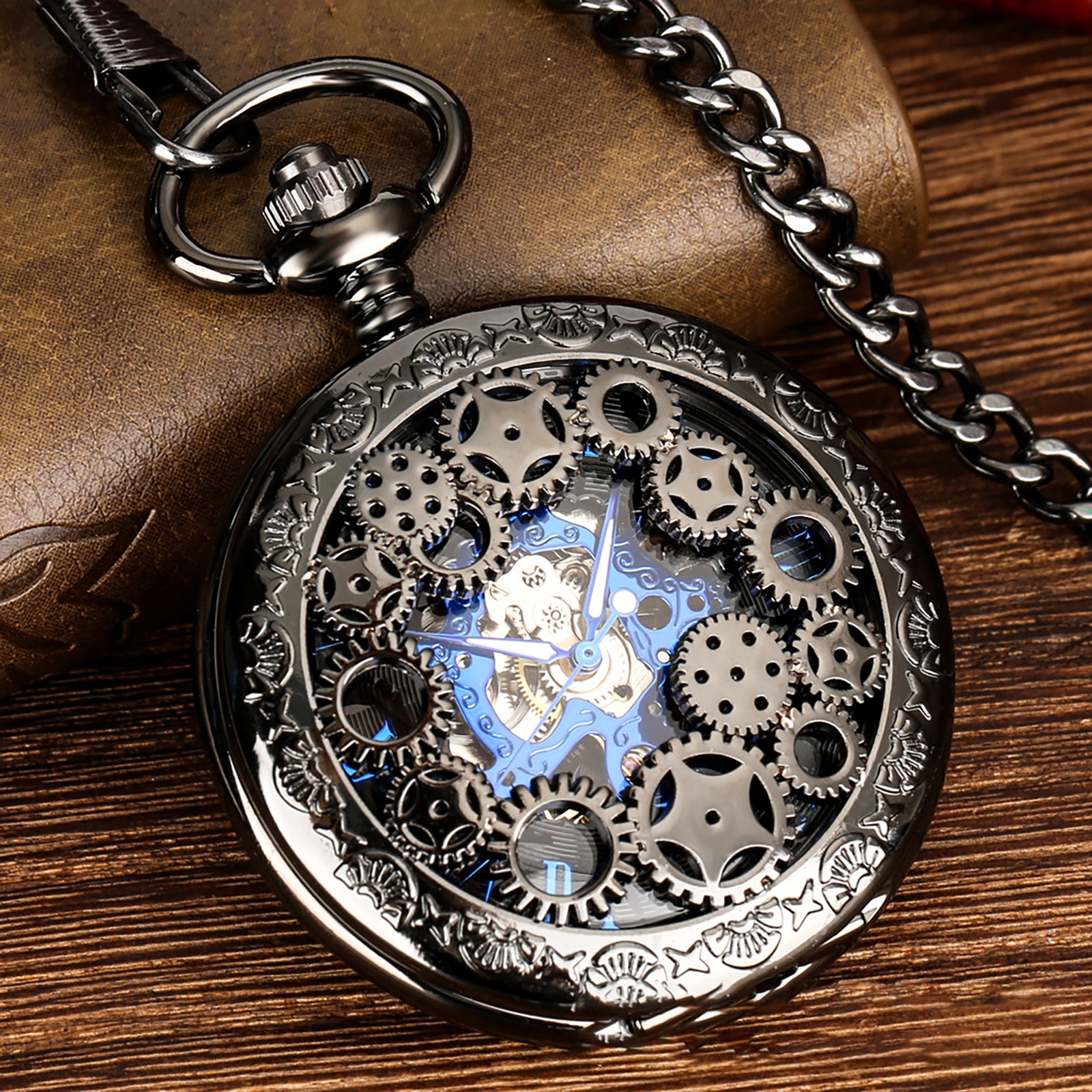 1 PC Mens Skeleton Mechanical Pocket Watch Hollow half Hunter Pocket Watch