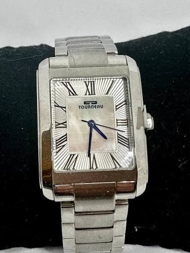 Tourneau Watch Gear Quartz Date Silver Dial Rectangle Silver Bracelet Box