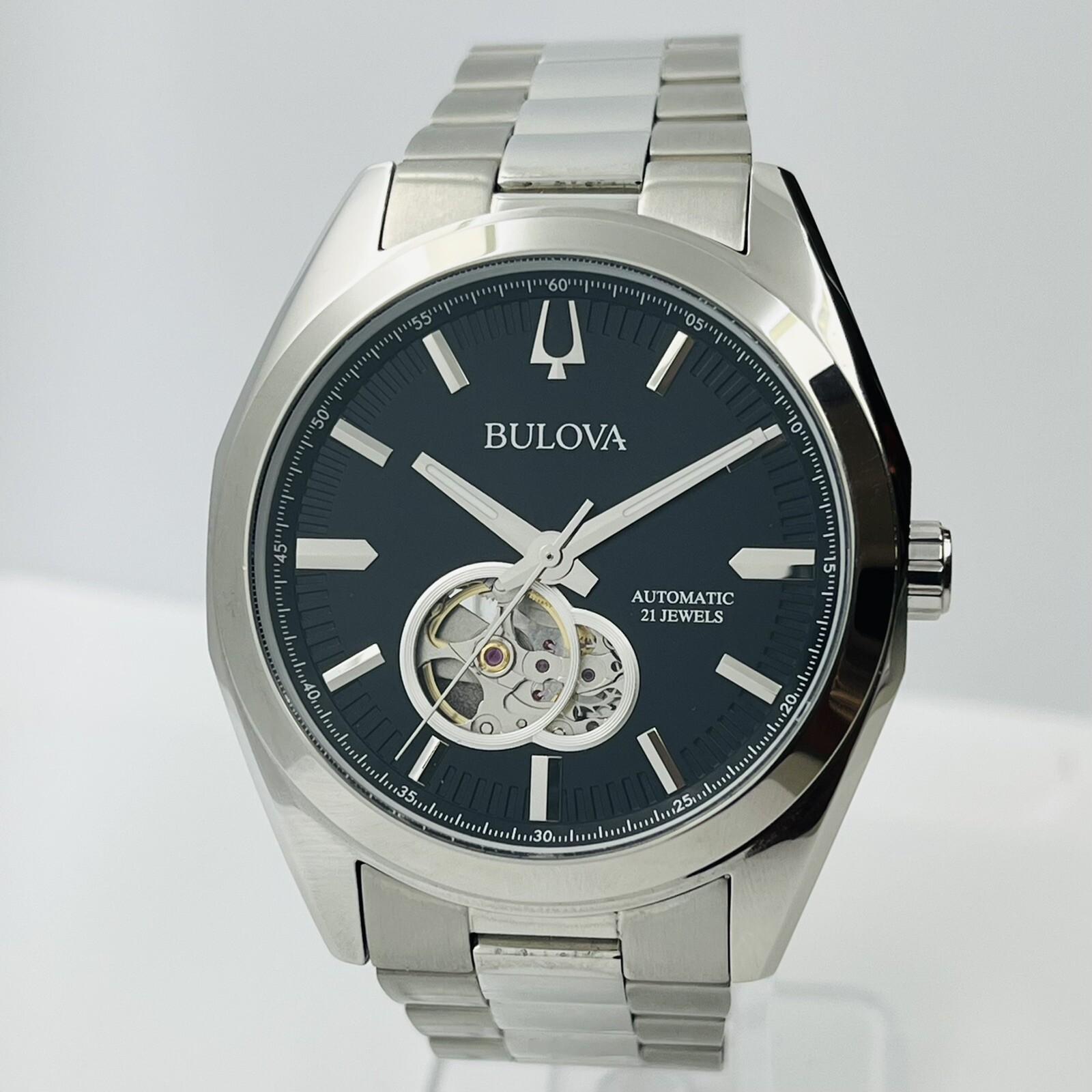 Bulova Surveyor Men’s Automatic Open Heart Dial Silver Steel 42mm Watch 96A270