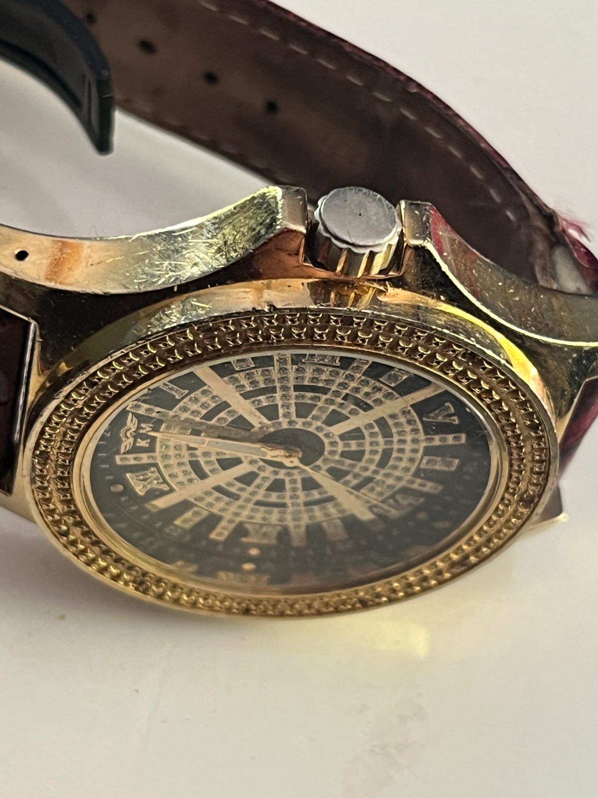 king master diamond watch,gold color leather band