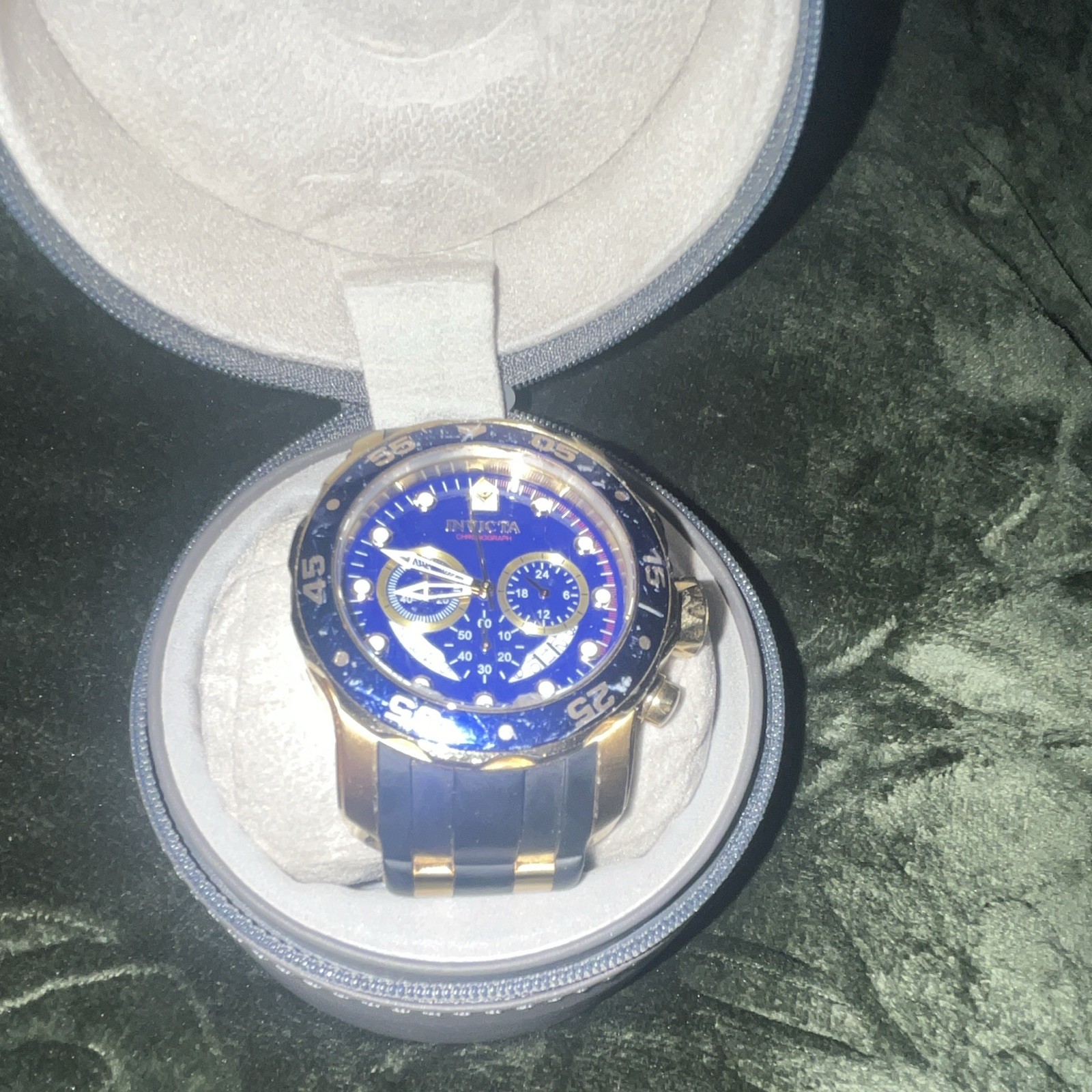 Invicta Pro Diver Chronograph Quartz Blue Dial Gold Case 50mm 100m w/ Box