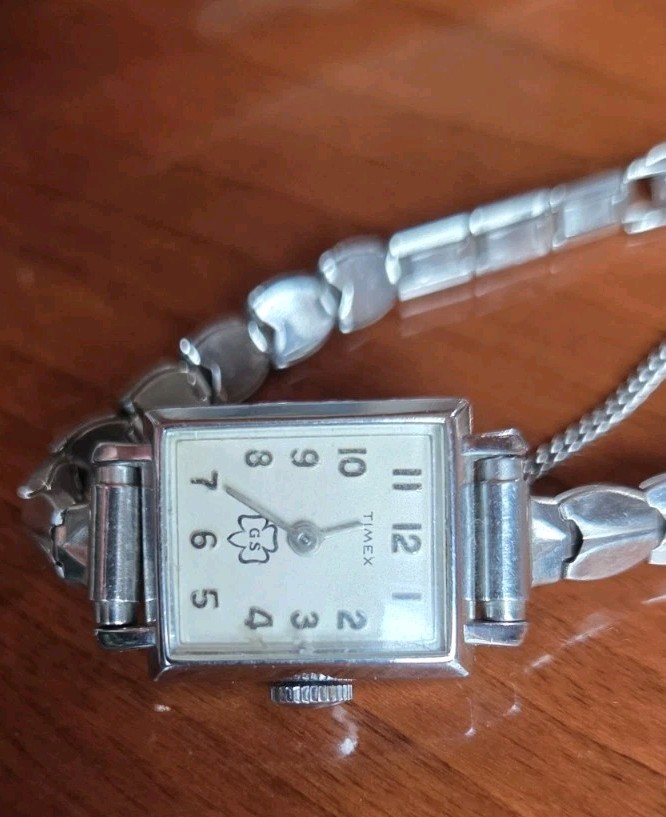 Vintage Timex Girl Scouts Mechanical Wrist Watch Runs Well Silver Tone