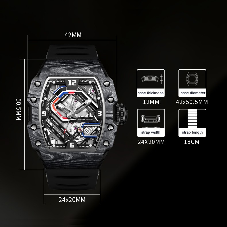 HANBORO Men Automatic Watch Tonneau Mechanical Wristwatch Carbon Fiber Racetrack