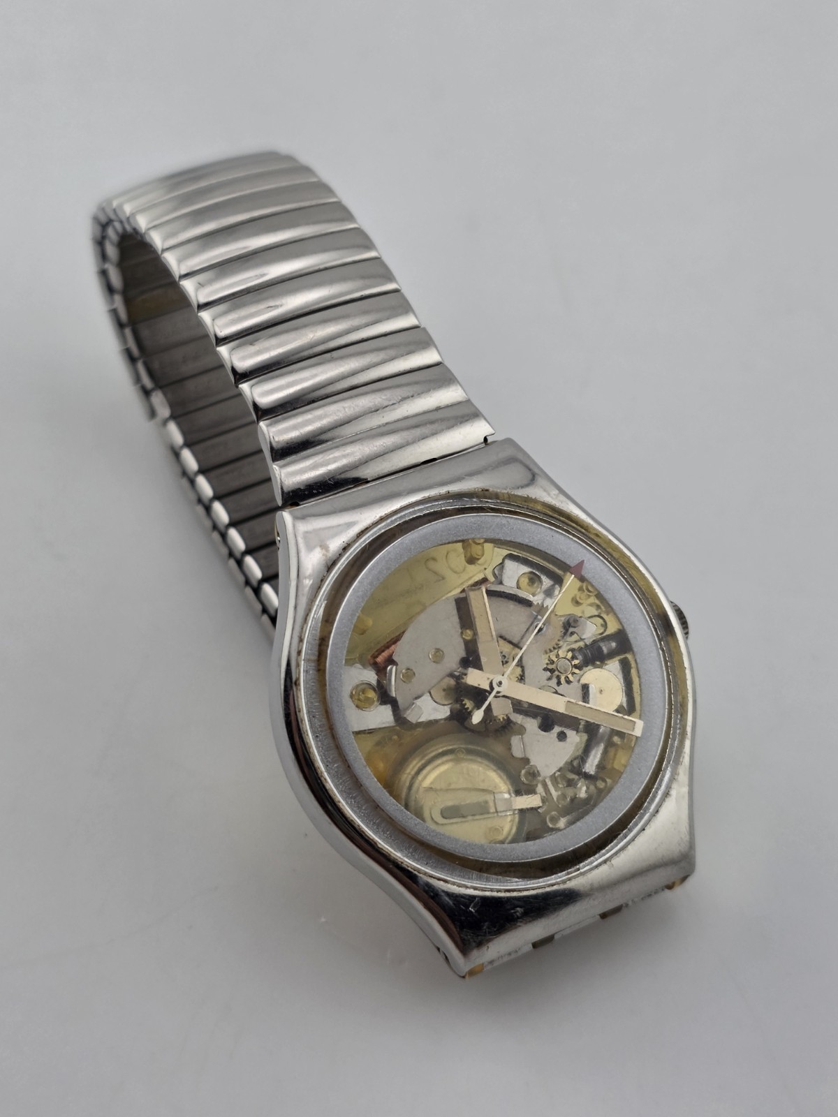 Vintage 1980’s Swatch Skeleton Quartz Swiss Watch Expandable Band Runs. New Bat.