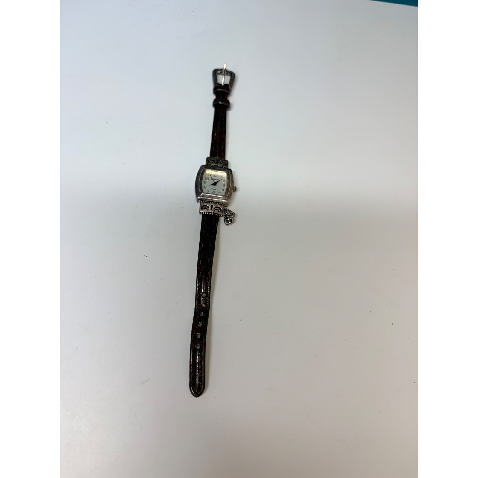 Geneva Elite Vintage Style Brown Leather Ornate Silver Tone Heart Charm Watch