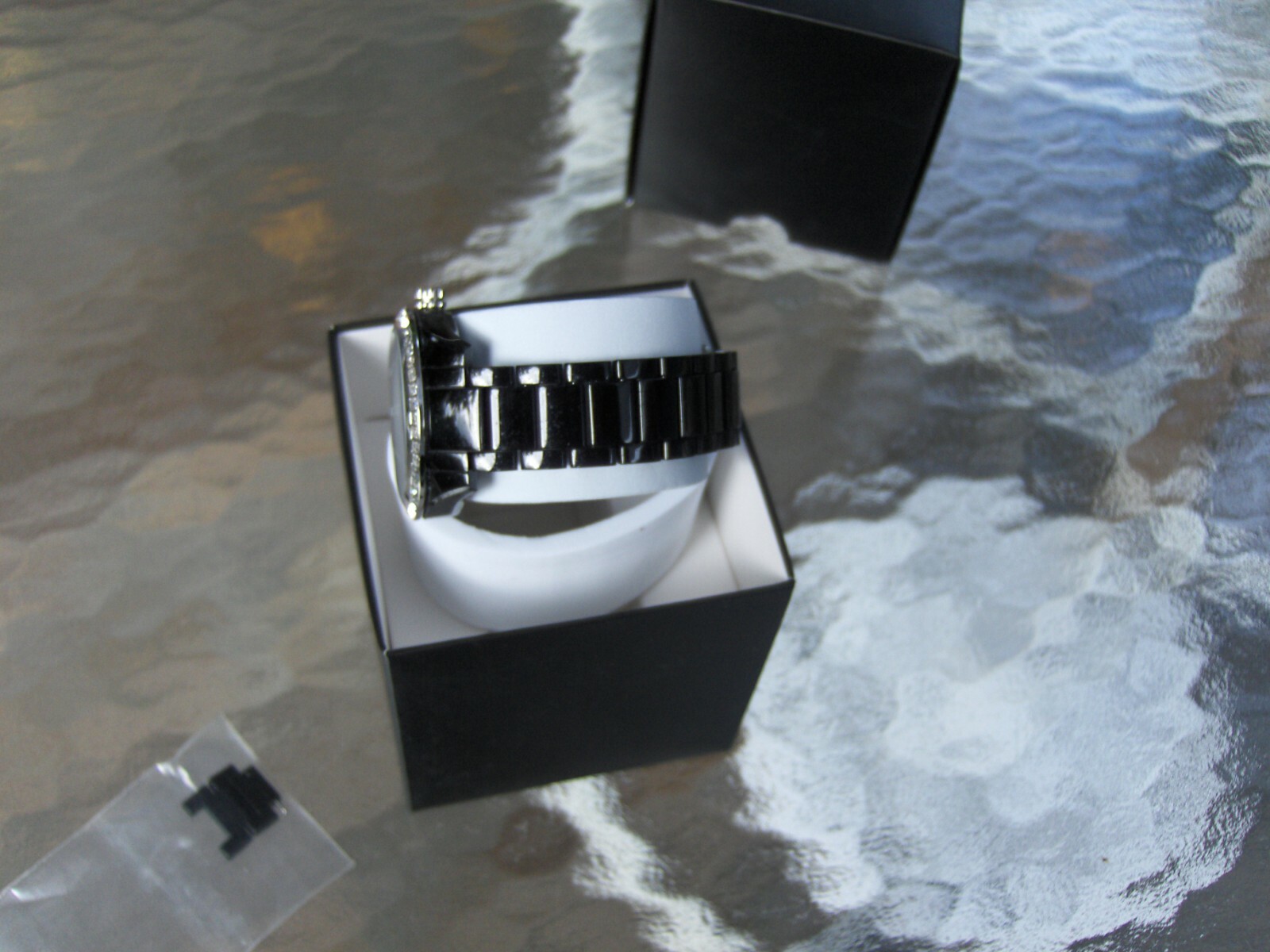 FOSSIL BQ1192 CARISSA BLACK PLASTIC RESIN BRACELET SWAROVSKI CRYSTAL BAGUETTES