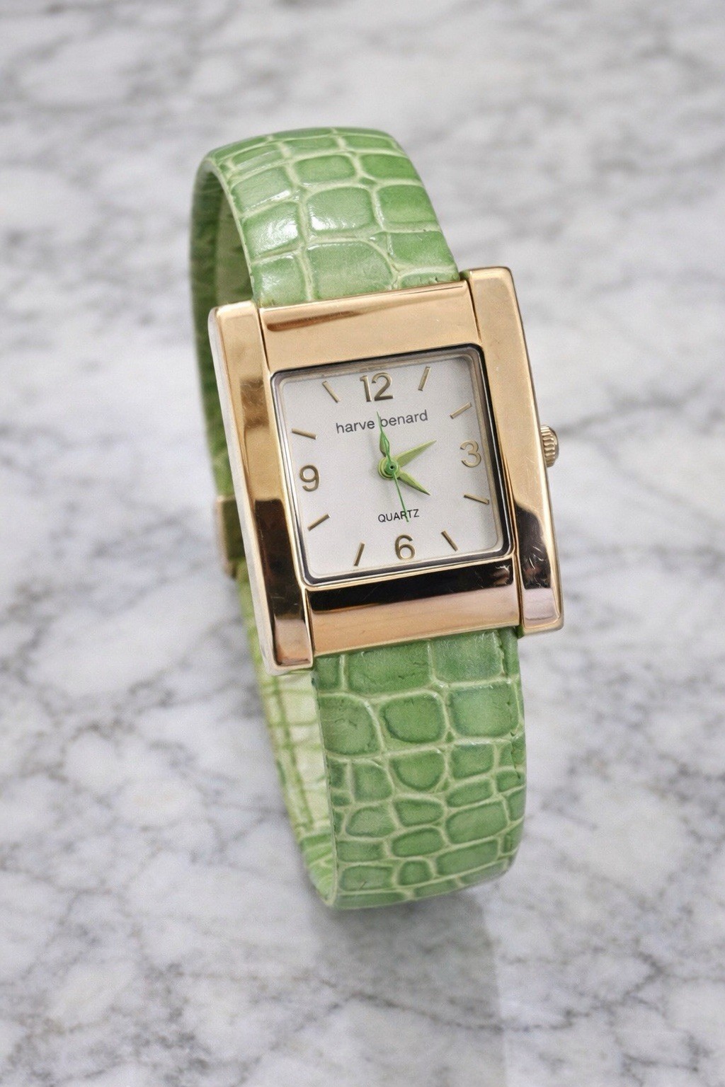 Harve Benard Women’s Rectangular Watch Gold Tone Green Cuff Quartz WORKING