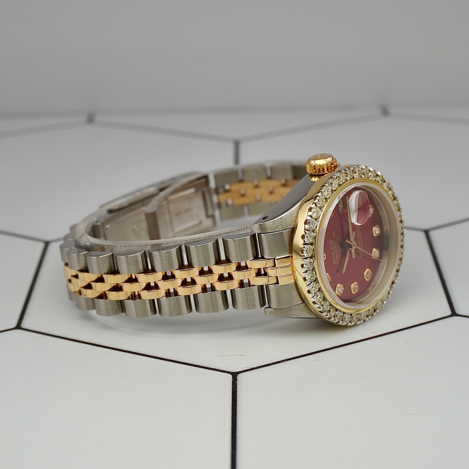 Rolex Ladies Datejust 26mm 18k Yellow Gold/Steel 2ct Diamonds Red Dial