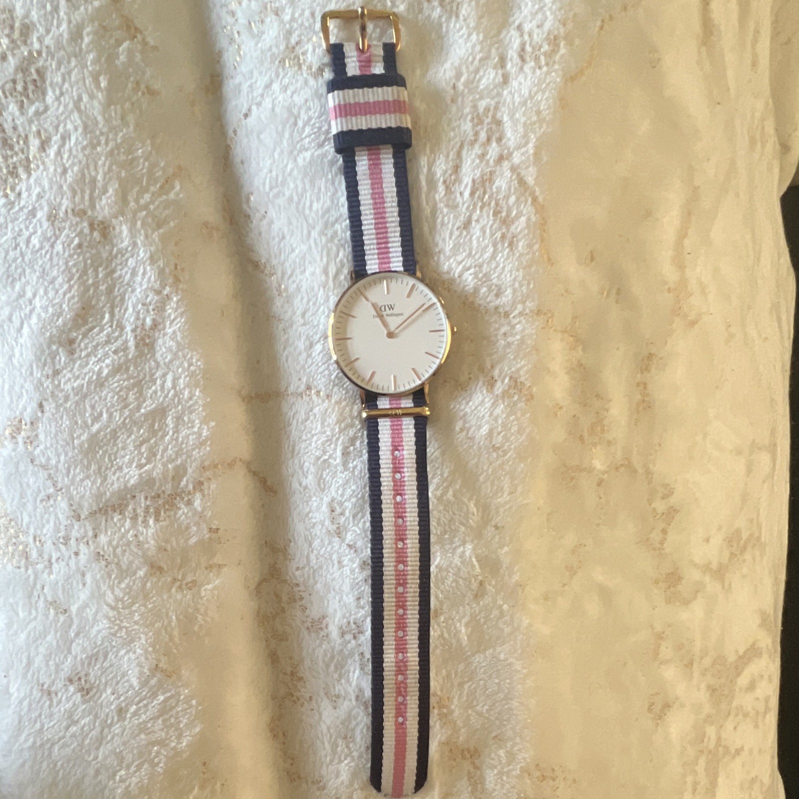 Daniel Wellington 40mm Quartz White Dial Gold SS Nylon Strap Blue/White/Pink