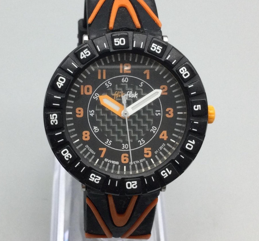 Flik Flak Watch Kids Youth 34mm Black Orange Sport Swiss Made New Battery