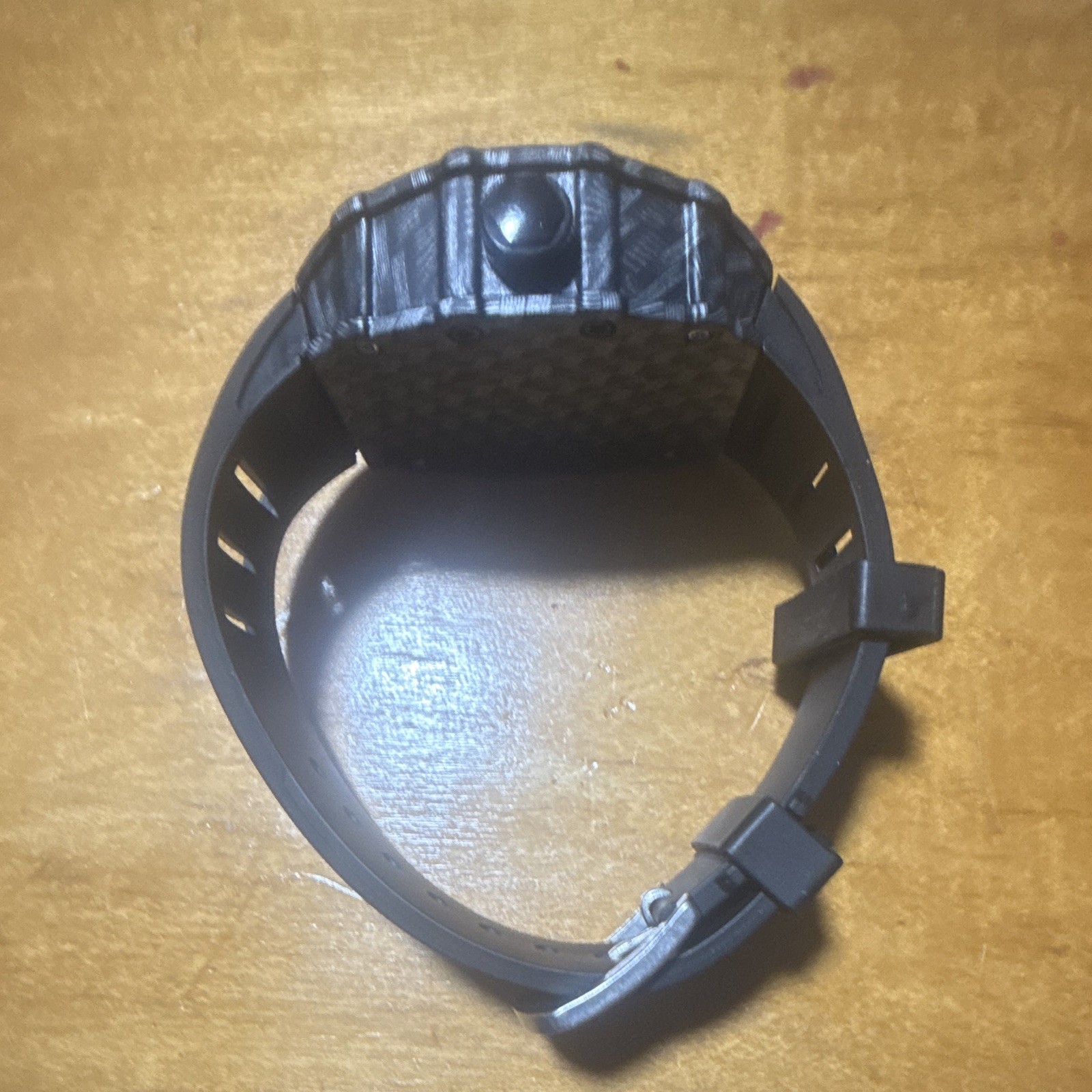Men’s Tonneau Skeleton Dial Wristwatch Black Carbon Fiber Case Rubber Strap