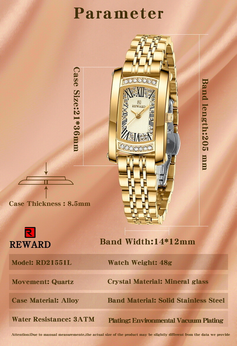 REWARD Women’s Rectangle Business Casual Diamond Waterproof Quartz Wristwatch