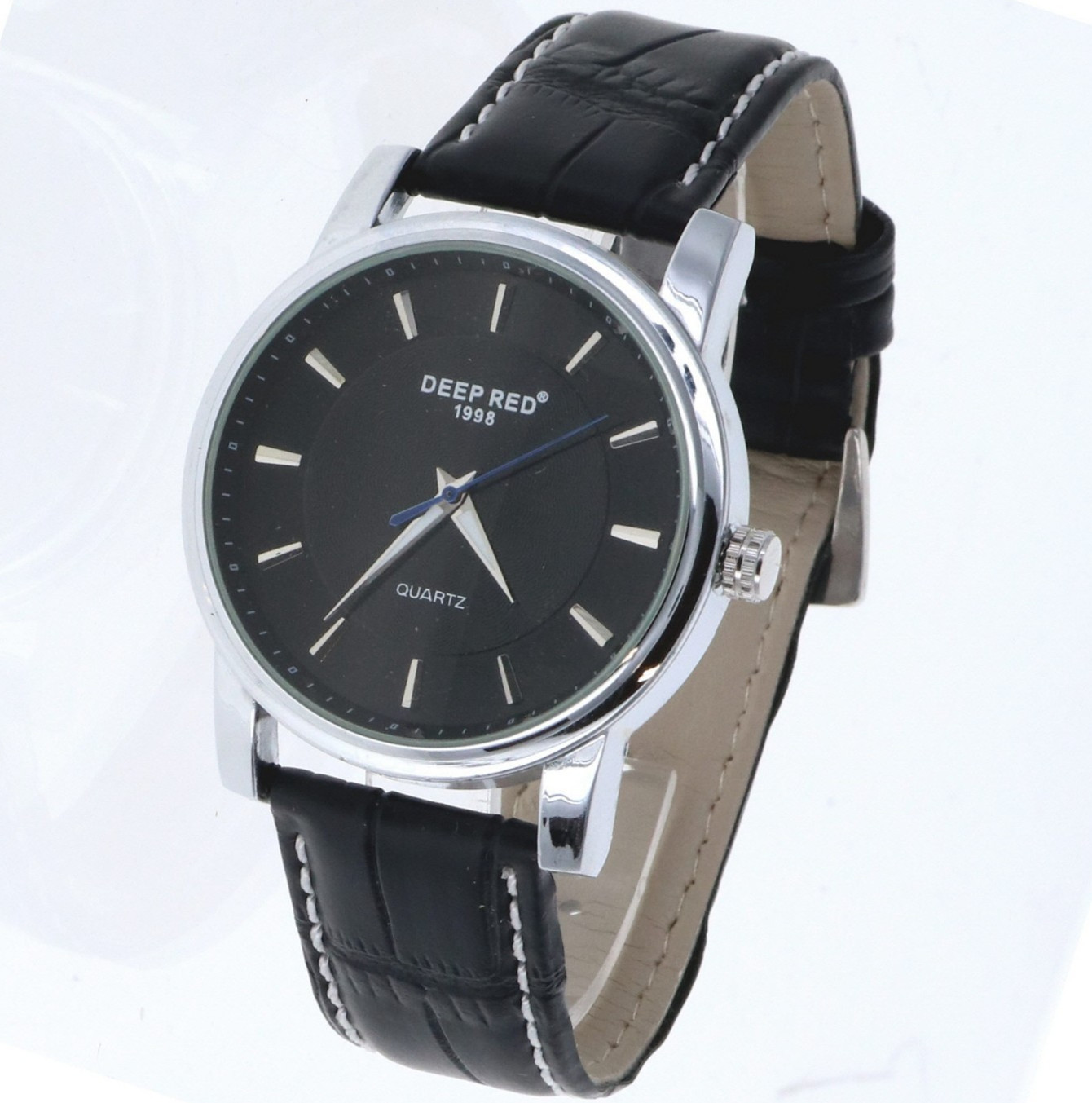 Men’s Quartz Watch Silver Tone See Through Back, Black Leather Band Watch