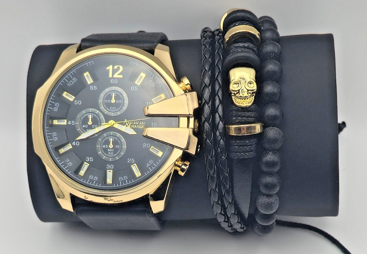 American Exchange Men’s Chronograph Watch Gold Black + Bracelet Set New Open Box