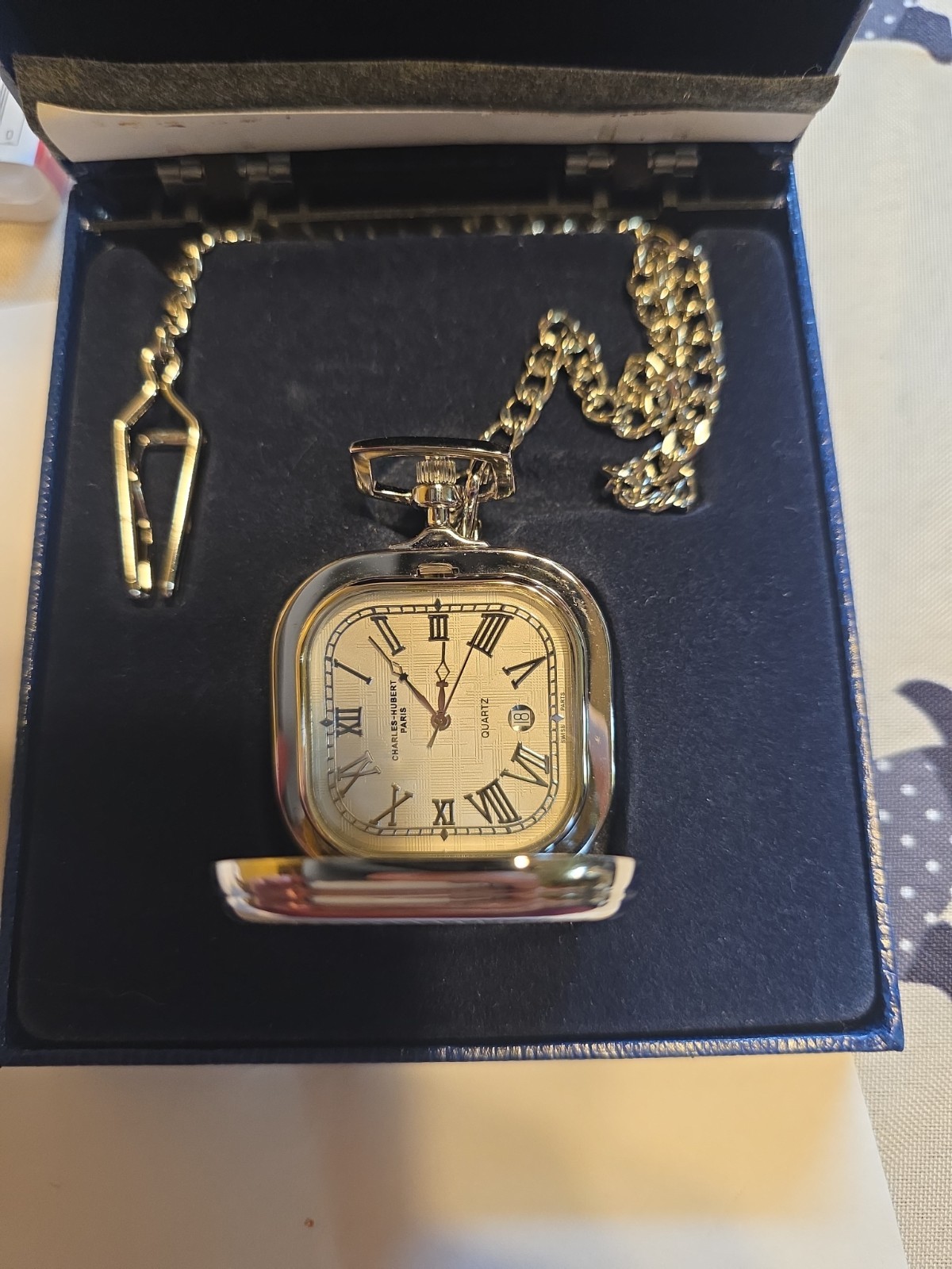 Charles Hubert Paris Quartz Stainless Steel Pocket Watch Silver Dial New Battery