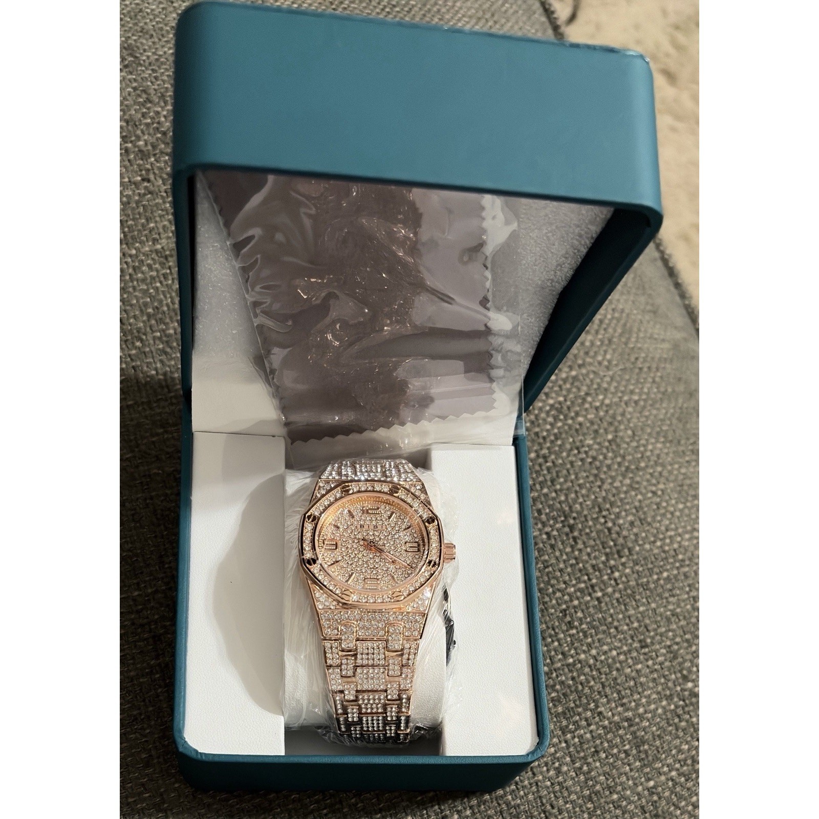 BIBI Luxury Diamond Pattern Octagon Rose Gold Wristwatch Gemstone Markers