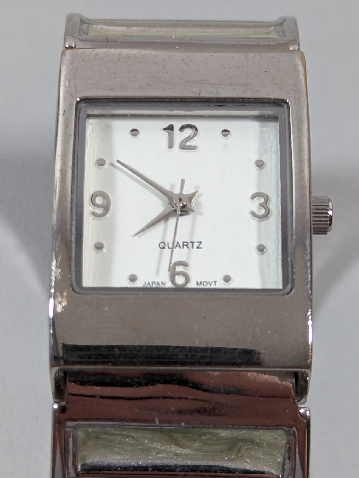 White Dial Silvertone Square Case Blue Gray Enamel Inlay Hinge Bangle Band Watch