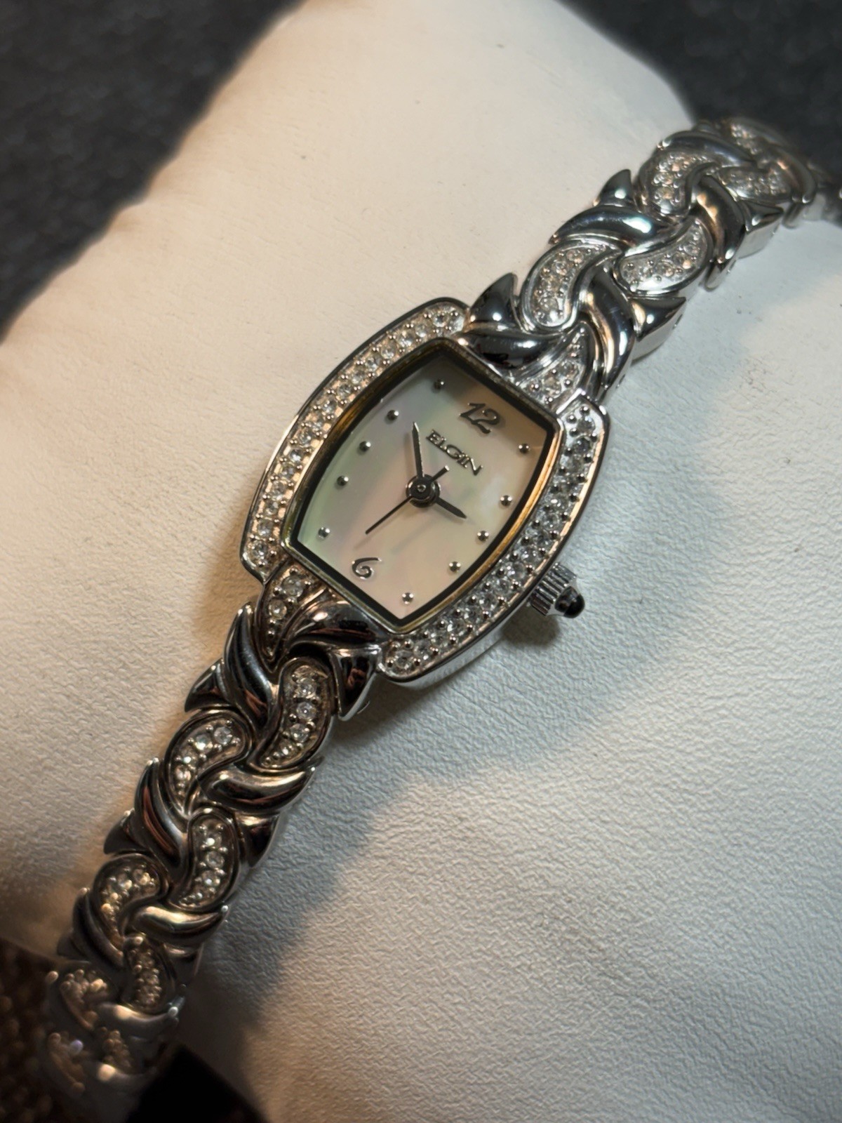 Elgin Silver Tone Tonneau Women Dress Watch MOP Dial And Gemmed New Battery