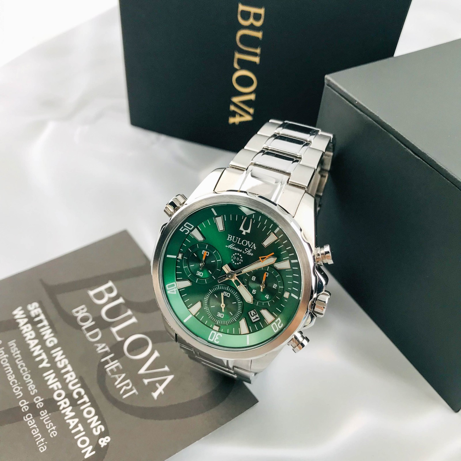 Bulova Marine Star 96B396 Green Dial Chronograph Steel Men’s Quartz Watch 43mm
