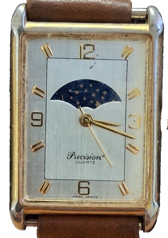 VINTAGE PRECISION QUARTZ BY GRUEN WRISTWATCH MOON PHASE RECTANGULAR TANK WATCH