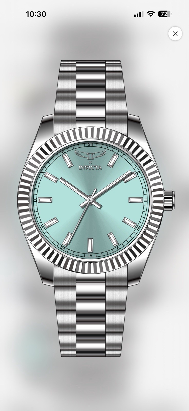 Invicta Analog Wristwatch, Silver SS Bracelet, Turquoise Sunburst Dial, Fluted