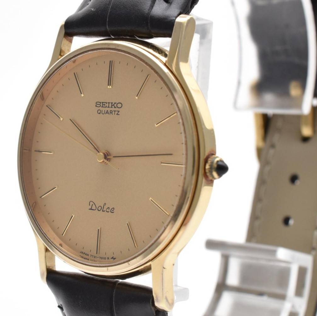 SEIKO Dolce 7731-7010 Quartz Men’s Watch Gold Dial SGP Leather Strap 33mm #102