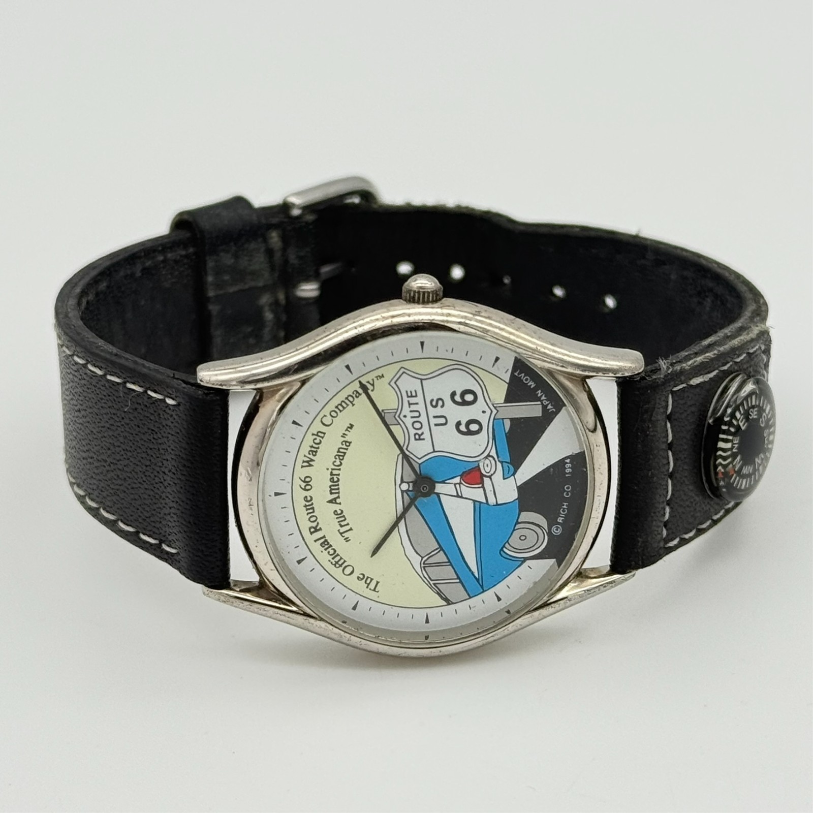 Vintage 1994 Unisex US ROUTE 66 True Americana Silver Tone 33.5mm Watch, Leather