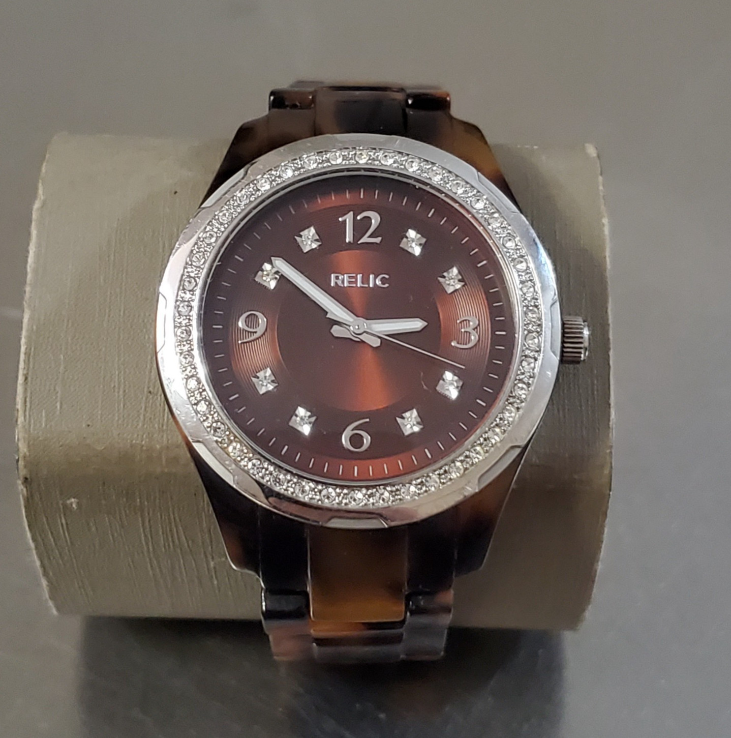 RELIC Watch Women’s Analog Quartz Brown Tortoise Gemmed 6.25 inch 37 mm