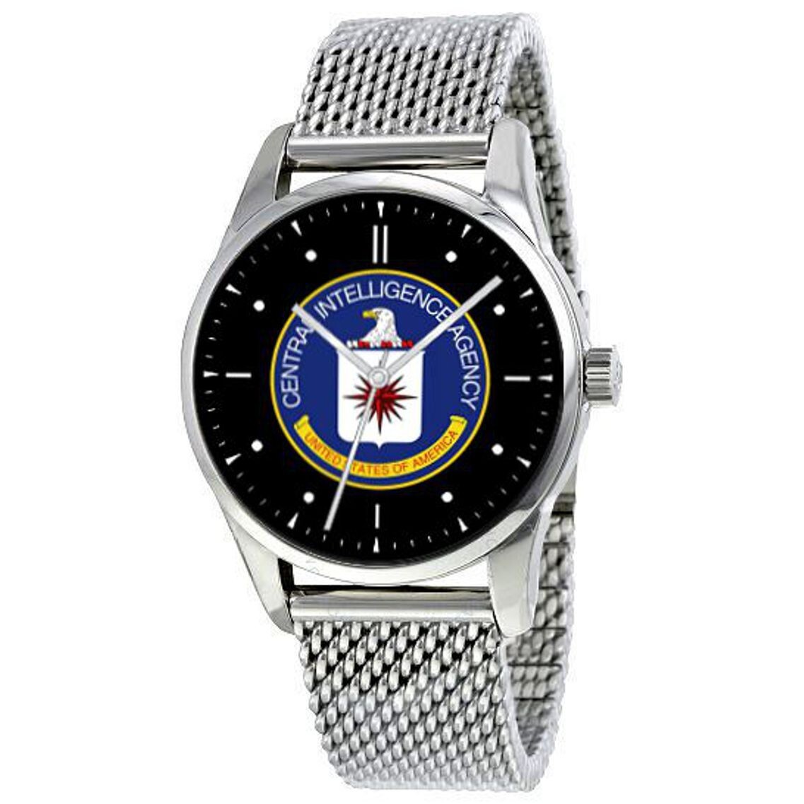 C.I.A. Emblem Watch with Large Polished Chrome Case And Stainless Steel Band