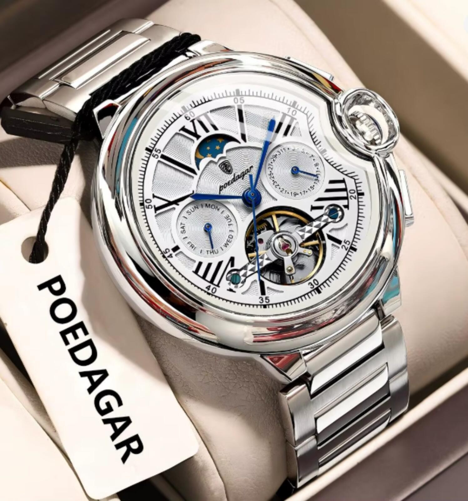 POEDAGAR Luxury Watch Date Stainless Steel Tourbillon Automatic (1413-white)