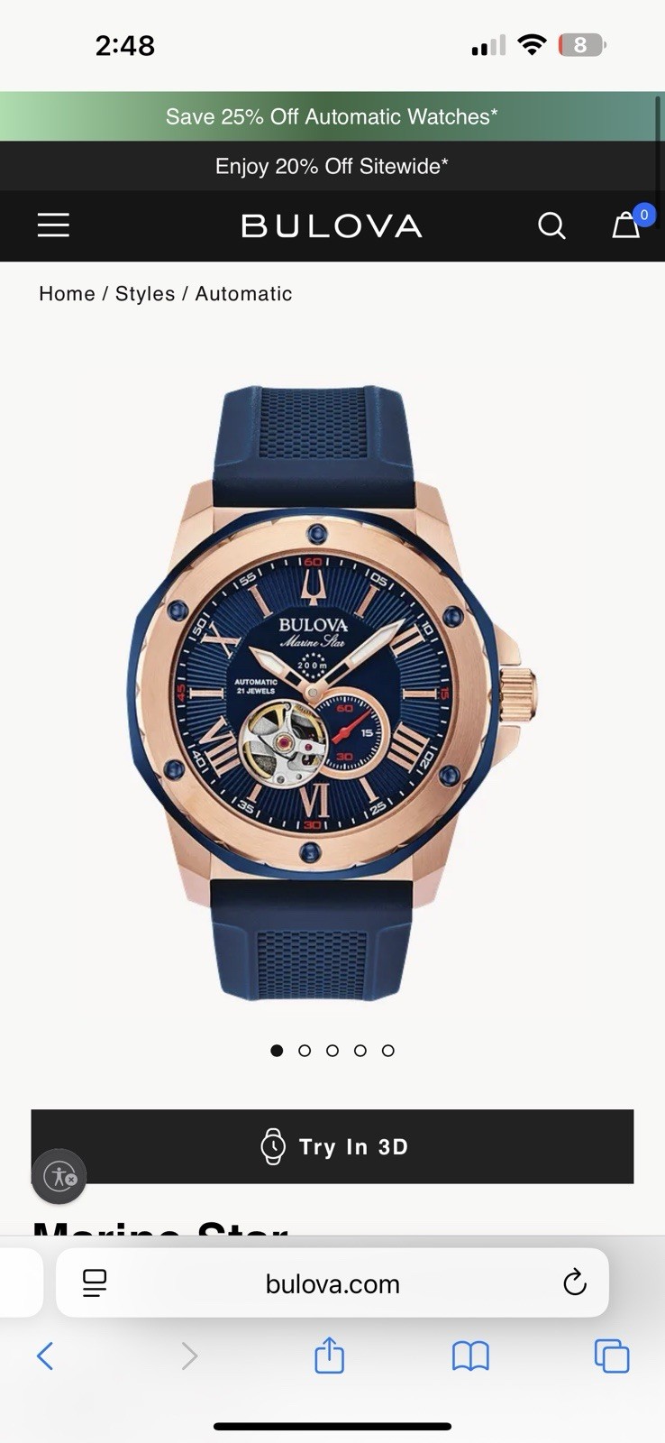 Bulova 98A227 Marine Star Silicone Strap Watch 45mm Men’s Automatic Watch